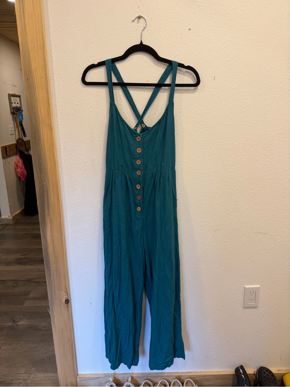 Roxy Teal Button-Front Wide-Leg Jumpsuit with Cross Back Straps